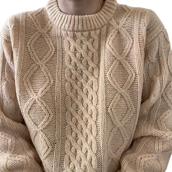 Vintage 1960s Womens Thane Cream Wool Fisherman Cable Knit Chunky Sweater Sz L - Picture 4 of 9